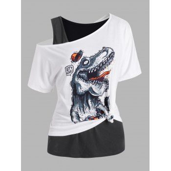 

Skew Neck Dinosaur Print T Shirt with Basic Tank Top, White