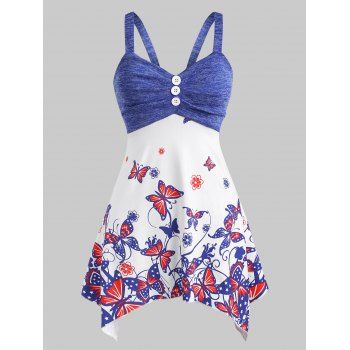 

Mock Button Butterfly Patriotic American Flag Handkerchief Tank Top, Multicolor