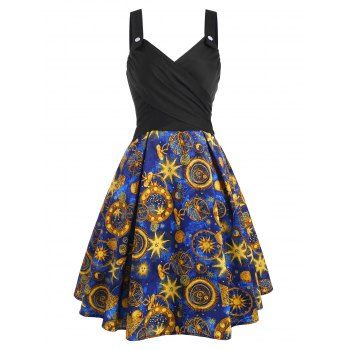 

Retro Galaxy Sun Star Floral Print Crossover A Line Summer Dress, Deep blue