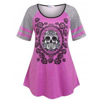

Plus Size Raglan Sleeve Skull Rose Print Tee, Light purple