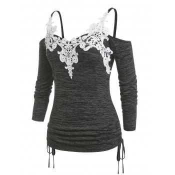 

Plus Size Lace Panel Cold Shoulder Cinched Tee, Dark gray