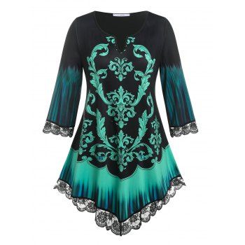 

Plus Size V Notched Tribal Print Tee, Black