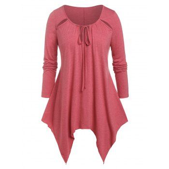 

Plus Size Tied Cutout Handkerchief Long Sleeve Tee, Red