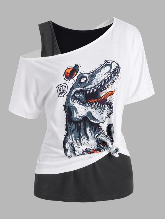 T-shirt à Imprimé Dinosaure à Col Oblique avec Débardeur - Blanc XL
