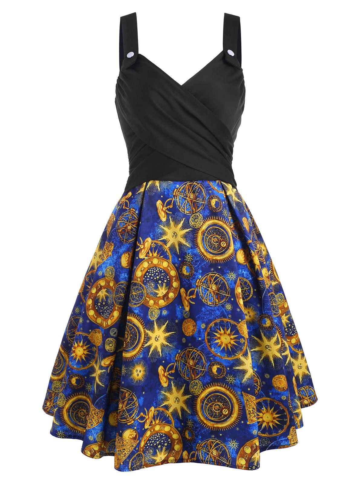 Retro Galaxy Sun Star Floral Print Crossover A Line Summer Dress - DEEP BLUE XL