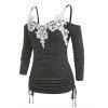 T-shirt Panneau en Dentelle à Epaule Dénudée de Grande Taille à Lacets - Gris Foncé L