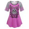 T-shirt à Imprimé Rose Crâne à Manches Raglan Grande Taille - Violet clair 1X