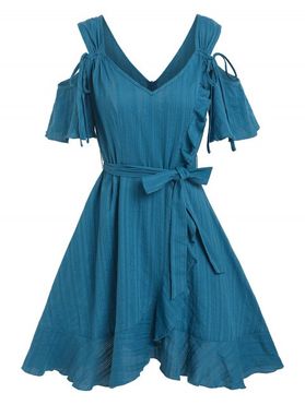 Cold Shoulder Ruffle Cutout Tie Flounce Belted Dress