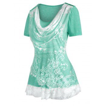 

Cowl Front Lace Insert Ruffle Hem T Shirt, Green