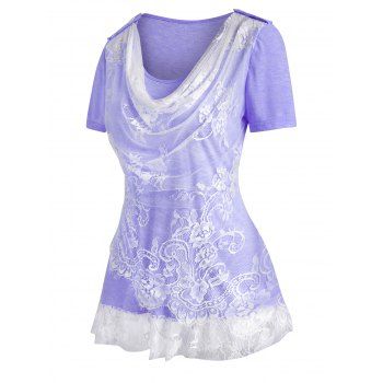 

Cowl Front Lace Insert Ruffle Hem T Shirt, Light purple