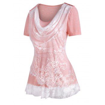 

Cowl Front Lace Insert Ruffle Hem T Shirt, Light pink