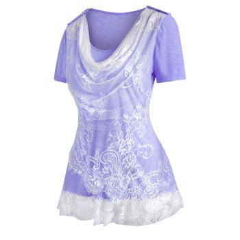 

Cowl Front Lace Insert Ruffle Hem T Shirt, Light purple