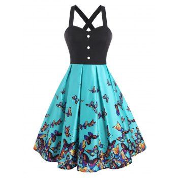

Summer Criss Cross Mock Button Butterfly Print Dress, Green