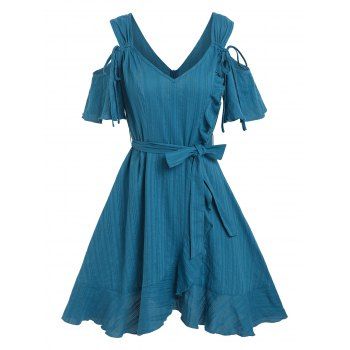 

Cold Shoulder Ruffle Cutout Tie Flounce Belted Dress, Deep blue