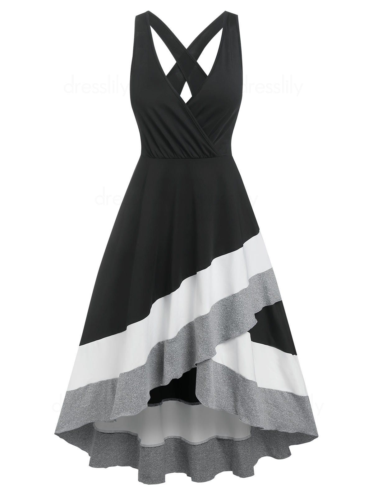 Colorblock High Low Dress Cross Back Surplice Plunge Midi Dress Casual Sleeveless Asymmetric Dress - BLACK L
