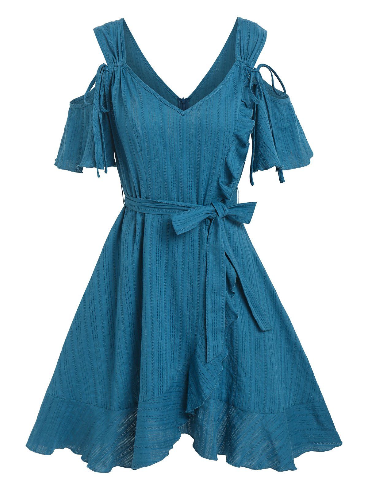 Cold Shoulder Ruffle Cutout Tie Flounce Belted Dress - DEEP BLUE XL
