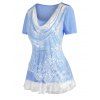 T-shirt en Dentelle Insérée à Ourlet Volanté - Bleu clair XXXL