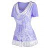 T-shirt en Dentelle Insérée à Ourlet Volanté - Violet clair XXL