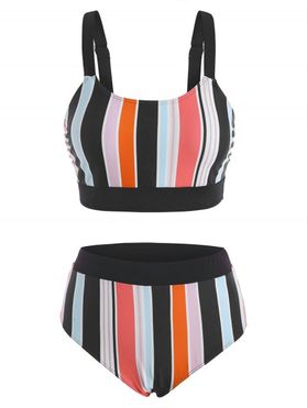 Beach Tank Bikini Swimwear Colorful Striped Pirnt High Waisted Summer Swimsuit