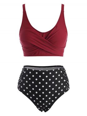 Polka Dot Tummy Control Swimsuit Cross Ruched Colorblock Tankini Swimwear