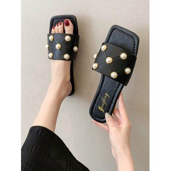 

Square Toe Faux Pearl Flat Slides, Black