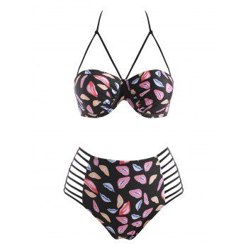 

Plus Size Lip Print Ladder Strap Underwire Bikini Swimwear, Black
