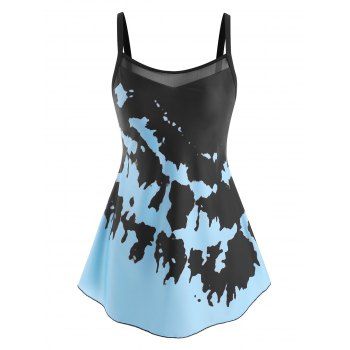 

Mesh Insert Tie Dye Keyhole Back Tankini Swimwear, Light blue