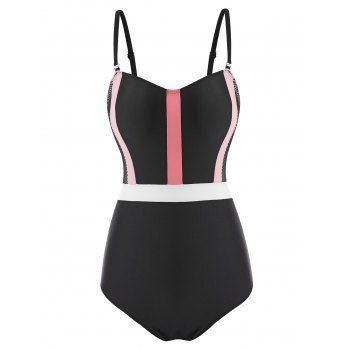 

Contrast Colorblock Swimwear Striped Fishnet Insert Spaghetti Strap One-piece Swimsuit, Black