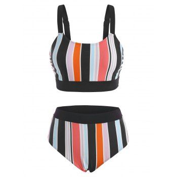 

Beach Tank Bikini Swimwear Colorful Striped Pirnt High Waisted Summer Swimsuit, Multicolor