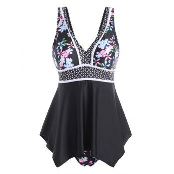 

Flower Print Contrast Piping Handkerchief Tankini Swimwear, Black