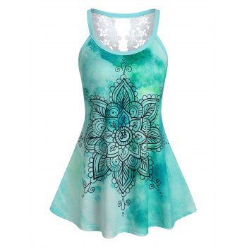 

Bohemian Flower Tie Dye Print Lace Insert Tank Top, Light green