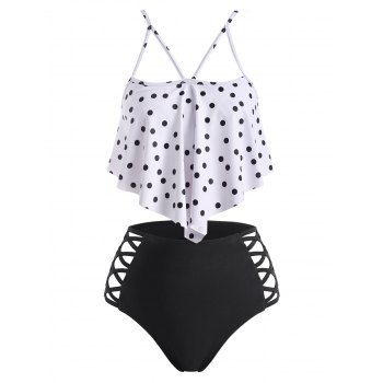 Tummy Control Polka Dot Swimsuit Strappy Flounce Overlay Criss Cross Tankini Swimwear