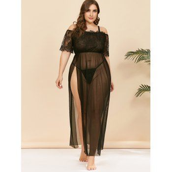 

Plus Size Lace and Mesh Lingerie Gown, Black