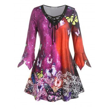 

Plus Size Floral Butterfly Lace-up Tunic Tee, Multicolor