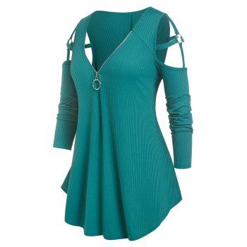 

Plus Size Cold Shoulder O Ring Strappy Tee, Deep green