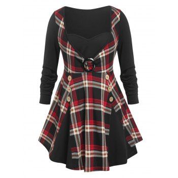 

Plus Size Plaid Panel Buttons Flare T Shirt, Black