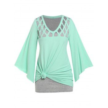 

Plus Size Cutout Bell Sleeve Tee and Tank Top Set, Green