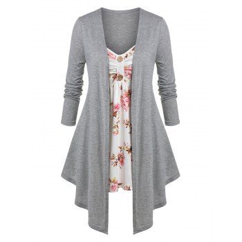 

Plus Size Faux Twinset Floral Print Irregular Tee, Light gray