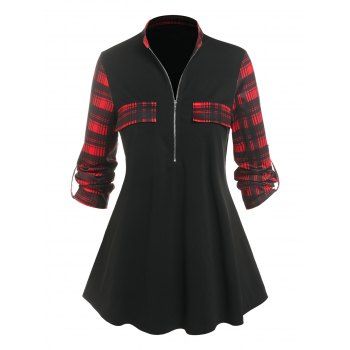 

Plus Size Roll Up Sleeve Half Zip Plaid Tee, Black