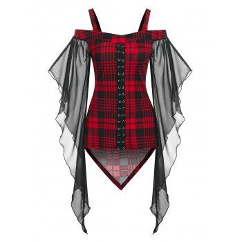 

Cold Shoulder Plaid Hook and Eye Butterfly Sleeve Tee, Deep red