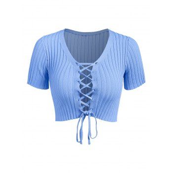 

Ribbed Lace-up Knit Crop Sweater, Blue