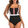 Contrast Colorblock Swimwear Striped Fishnet Insert Spaghetti Strap One-piece Swimsuit - BLACK L