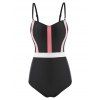 Contrast Colorblock Swimwear Striped Fishnet Insert Spaghetti Strap One-piece Swimsuit - BLACK L