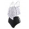 Tummy Control Polka Dot Swimsuit Strappy Flounce Overlay Criss Cross Tankini Swimwear - BLACK XXL