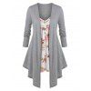 T-shirt Irrégulier à Imprimé Fleuri de Grande Taille en Fausse Deux Pièces - Gris Clair 4X