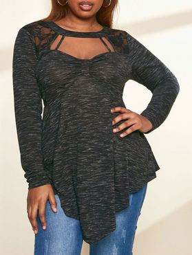 Plus Size Space Dye Lace Insert Long Sleeves Tee
