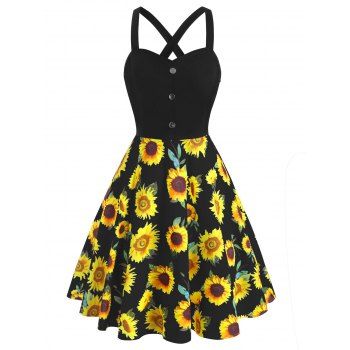 

Sunflower Print Sundress Crossover Mock Button A Line Summer Dress, Black