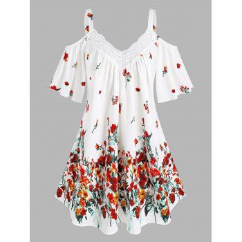 

Plus Size Floral Print Open Shoulder Lace Panel Dress, White