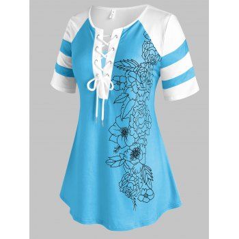 

Plus Size Flower Pattern Lace Up T Shirt, Light blue