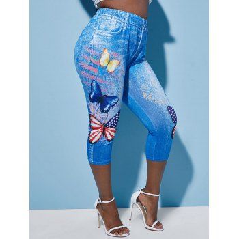 

Plus Size Butterfly American Flag 3D Jean Print Jeggings, Blue